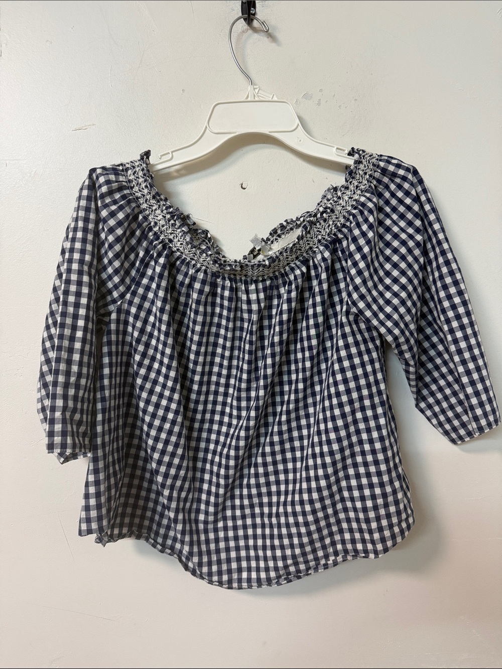 Madewell Navy and White Gingham Smocked Off-Shoulder Top